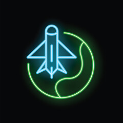 Neon sign representing an airplane flying around the world, a concept for international travel, tourism and aviation industry