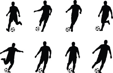 Obraz premium Silhouette of a soccer player in motion with a soccer ball, illustrating dribbling and action on a white background.