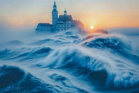 Classiebawn Castle on a backdrop of picturesque landscape of Mullaghmore Head. Spectacular sunset view with huge waves rolling ashore. Signature point of Wild Atlantic Way, Co. Sligo, Ireland