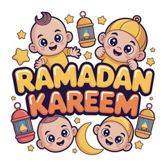 Obraz premium Ramadan Kareem: This vibrant illustration captures the spirit of Ramadan Kareem with playful baby cartoon with a delightful array of traditional lanterns and a crescent moon. 