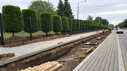 Urban Landscaping and City Park Renewal with Trimmed Bushes, Fresh Curb, Metal Fence, and Roadside Infrastructure Work