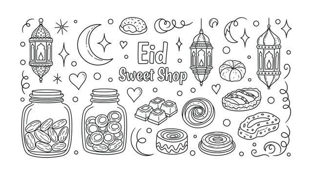 Eid Sweet Shop Delights: A collection of delightful treats and decorations, perfectly embodying the joy of Eid celebrations, a visual feast of culinary charm.
