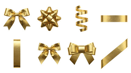Naklejka premium Golden ribbon and bow set including classic knots, rosette star, curled streamers, and straight strips isolated. Festive gift decoration and celebration accessories.