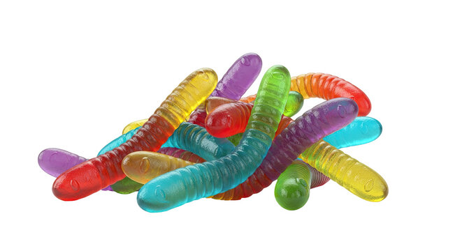 Pile of colorful gummy worms against a white background