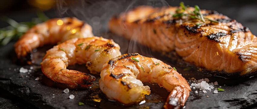 Grilled shrimp, grilled salmon, seafood, fresh herbs, and coarse salt dark stone surface create delicious, smoky, and appetizing meal gourmet dinner with healthy protein, mouthwatering presentation