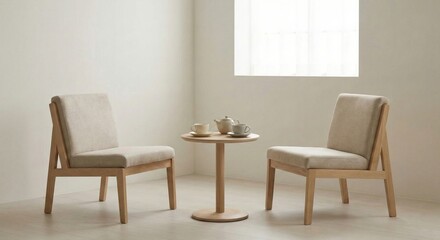 Obraz premium Serene seating area with two wooden chairs and small table with tea set in bright, minimalist room