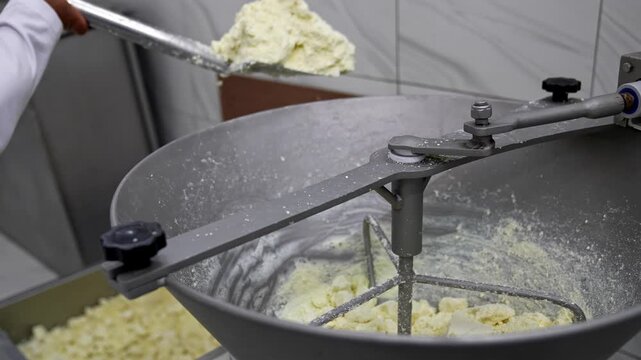 Close-up of traditional Turkish tulum cheese curd being mixed in an industrial machine at a cheese production facility. Artisan cheese making, fermentation and food manufacturing concept footage.