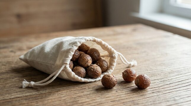 Soapnuts in cotton bag on wooden table with natural light  