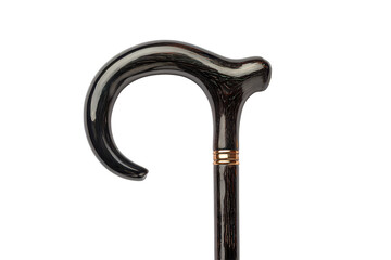 Walking cane with a curved handle and dark glossy shaft, subtle reflective highlights, clean proportions, and a soft shadow beneath, isolated on transparent background.