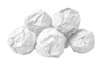 Fototapeta premium Set of white crumpled paper balls with multiple wrinkled spheres grouped together, realistic creases, subtle highlights, and soft shadows, isolated on transparent background.