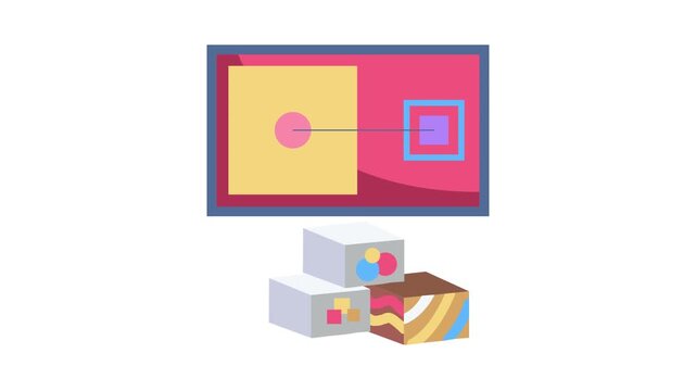 A computer monitor featuring a box and a square, showcasing basic shapes on the screen.