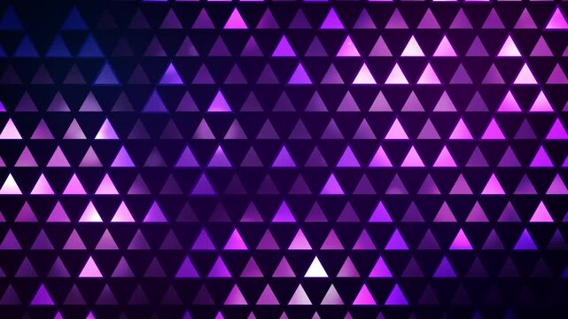 A structured pattern of dark and bright purple triangles, where some elements are illuminated to create a rhythmic, glowing effect. Violet triangle mosaic with neon light accents. Looped.