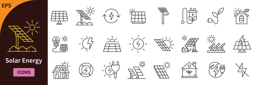 Solar Energy Icon Set, Renewable Sustainable Power Thin Line Icons, Solar Panel, Green Technology, and Eco Friendly Energy Resource Symbols