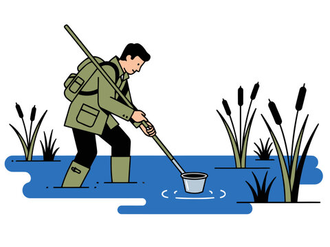A scientist collects wetland water samples in a marsh, using a dip meter. Detailed illustration showcasing research and nature. Suitable for scientific, environmental, and educational themes.
