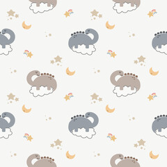 Obraz premium Dinosaur sleep on cloud cartoon so cute. On star moon meteor background. Pattern seamless vector illustration. 