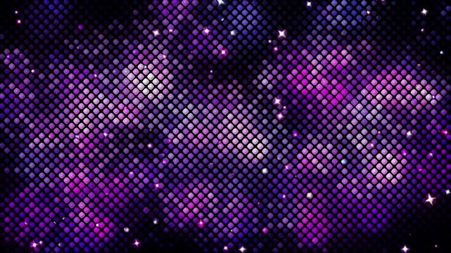 A dark, moody background featuring rounded square tiles glowing with neon purple and blue hues, accented by bright sparkles. Purple and blue glowing mosaic tile background. Loop animation.