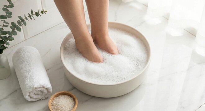 Relaxing foot soak at home with Epsom salts for self-care and wellness in a bright bathroom