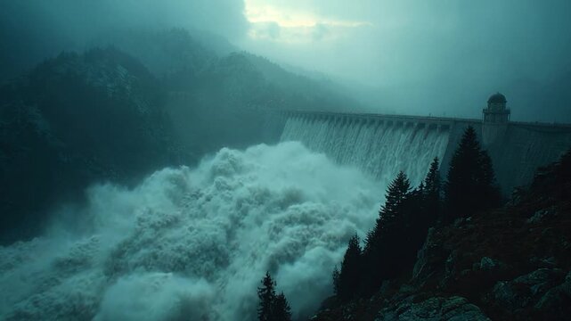 Majestic dam overflowing amidst stormy mountains