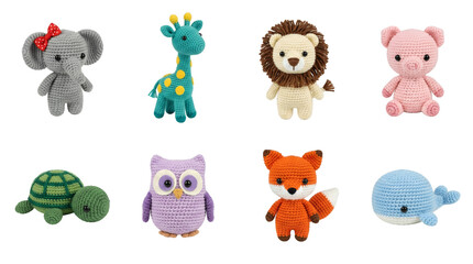 Fototapeta premium Crochet amigurumi animal set including elephant, giraffe, lion, pig, turtle, owl, fox, and whale isolated. Handmade yarn toy collection for children and nursery decor.