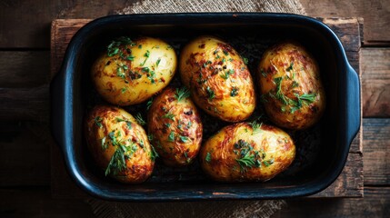 Top view of oven baked potatoes with herbs, dark ceramic dish, wooden surface, warm golden light, rustic slow living food aesthetic