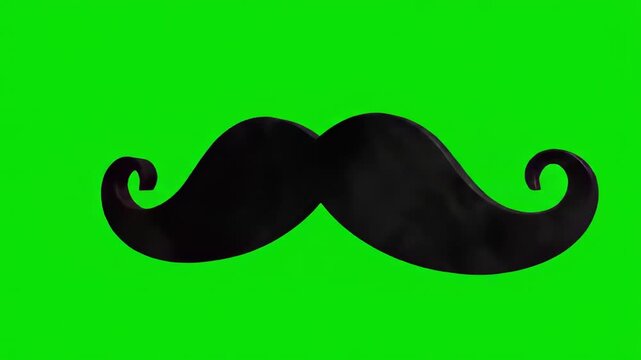Isolated oversized rotating vintage gentleman's mustache icon on a solid chroma key green screen background ready for compositing abstract, animation, solid chroma key green screen background