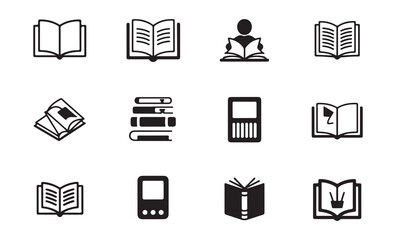 Book icons set including education symbols literature elements library graphic silhouettes and reading signs