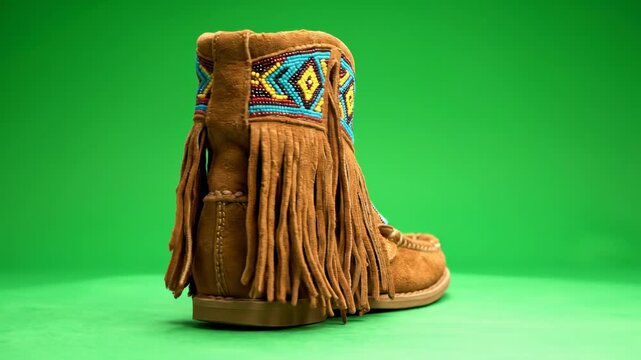 Isolated pair of highly detailed beaded fringed bohemian moccasin boots rotating slowly on a solid brilliant green screen background for easy compositing earthtones, boho, style