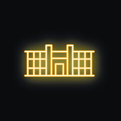 Naklejka premium Yellow neon sign depicting a building with columns glowing on a black background