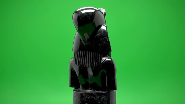 Isolated pedestal-mounted idealized ancient Egyptian queen pharaoh statue rotating slowly against a solid chroma key green screen for easy compositing authority, power, statue
