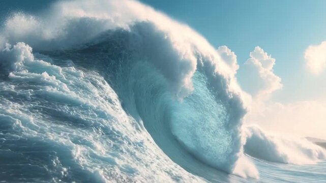 Ocean Fury: Capturing the raw power of the ocean, a colossal wave crashes with foamy crests and churning water under a bright sky, a spectacle of nature's formidable energy.