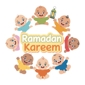 Ramadan Kareem Baby Celebration: A circle of charming, multicultural babies embraces the essence of Ramadan Kareem with joyful smiles. A heartwarming emblem of unity and celebration.
