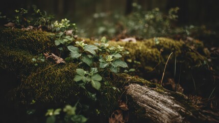 Close Up of Green Moss and Small Plants Covering a Fallen Log in a Shaded Forest with Soft Focus Background