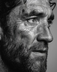 Obraz premium Intense Close-Up Portrait of Determined Man with Rugged Features in BW