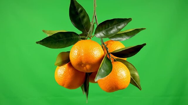 Isolated perfect ripe orange branch slowly rotating against a solid bright green screen chroma key background ready for digital compositing foodindustry, branch, fruit