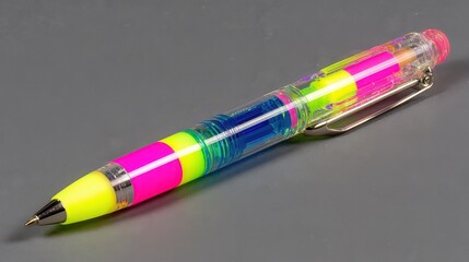 Colorful Liquid Filled Ballpoint Pen with Black Ink Tip on Gray Background Still Life with Swirling Colors and Metallic Clip Detail