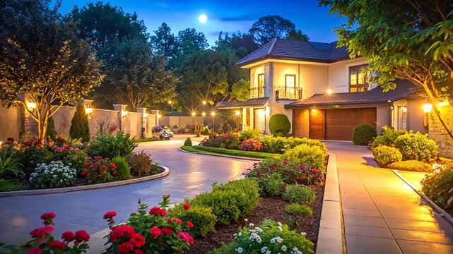 Security camera monitoring a beautiful house with manicured garden at night, providing safety.