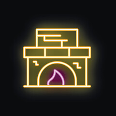 Naklejka premium Neon fireplace burning with purple and yellow flames on black brick wall, concept of warmth and home