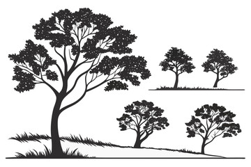 Obraz premium Large Tree with Small Trees Silhouette, Nature Landscape Illustration