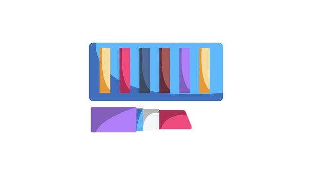 A blue and purple box filled with an assortment of colorful eyeshades arranged neatly inside.