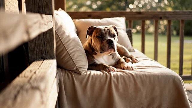 bully dog puppy - A relaxed dog peacefully sleeps on a cozy outdoor couch, surrounded by a serene setting with soft sunlight filtering through the trees