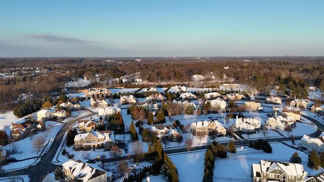 Aerial view of a single-family house community in Garnet Valley, Delaware county, suburb of Philadelphia, Pennsylvania after snow in winter