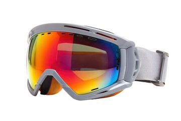 Obraz premium Sport ski snow goggles with a wraparound frame, mirrored reflective lens showing gradient sheen, visible strap attachment points, and a sleek protective design, isolated on transparent background
