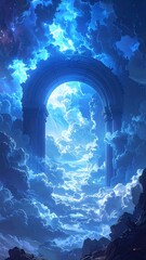 A celestial archway glowing blue in cloudy skies