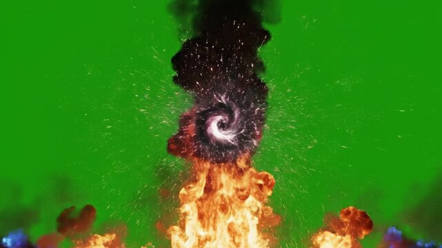 Isolated pillar of vibrant, volatile flames surging upward against a clean solid green screen background with a dark core energy effect surging, design tool, element