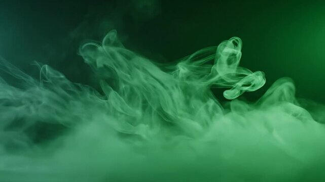 A close-up shot of green and white smoke against a dark background, creating an abstract effect