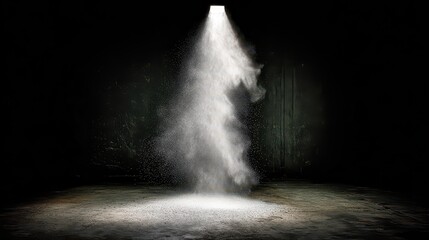 Dramatic White Powder Suspended in Air Falling onto Dark Floor Under Bright Spotlight Against Dark Background Creating Abstract and Atmospheric Scene