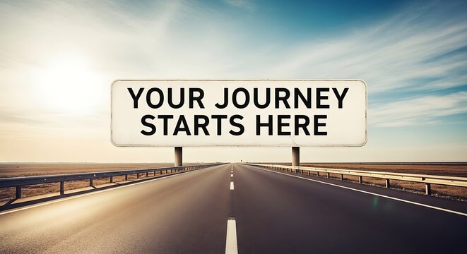Long straight highway road with journey starts here sign and blue sky