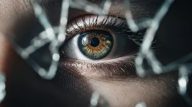 Close up of an eye behind shattered glass with focus on pupil and iris