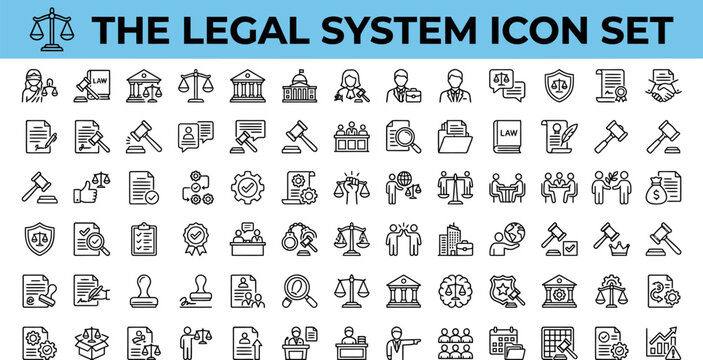  Set of 30 outline icons related to justice scale. Linear icon collection. Editable stroke. Vector illustration 