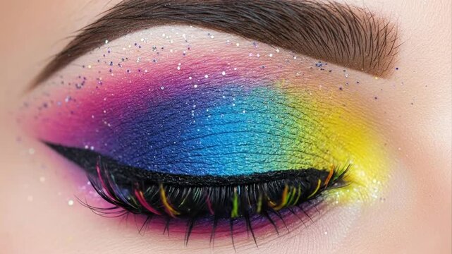 Close up of an eye with colorful makeup and long eyelashes